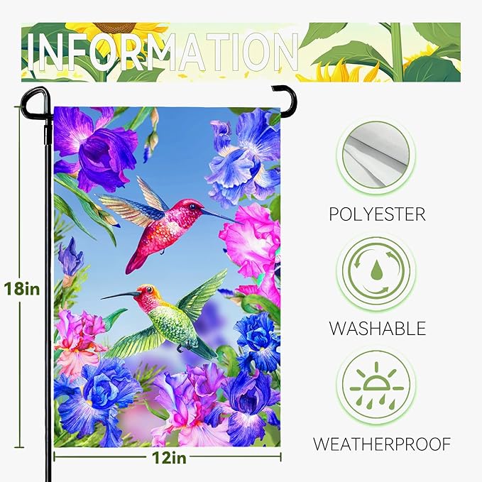 Hummingbirds Garden Flag Double Sided Blue and Red Iris Yard Flag Flowers Floral Birds Leaves Garden Flags Banner for Spring Summer Farmhouse Home Outdoor Decor 12 x 18 Inch