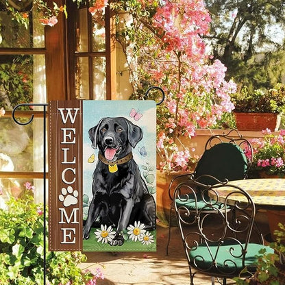 Dyrenson Welcome Black Labrador Dog Decorative Garden Flag, Paw Print Yard Outside Home Decorations Pet Lover Gifts, Spring Summer Burlap Outdoor Small Decor Double Sided 12 x 18