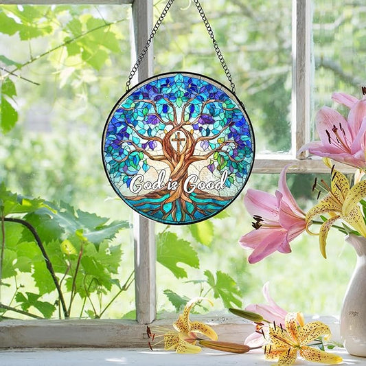 Christian Blue Tree of Life Stained Glass Window Hanging, Tree of Life Stained Glass, God is Good Sun Catchers Indoor Window Decor Birthday for Home Windows Garden Church, 7.9x7.9inch