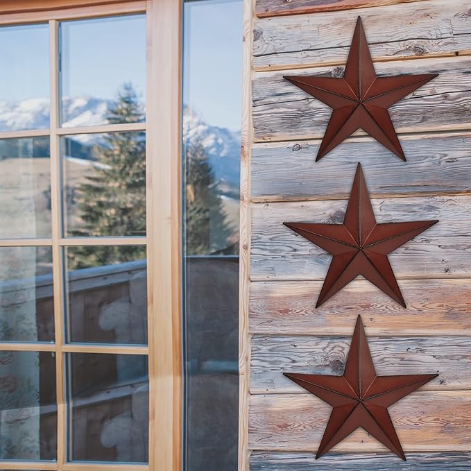 VIVICOMFY 12" Metal Barn Star Wall Decor-American Flag Stars for Outside Or Inside of House-Iron Texas Metal Star Rustic Vintage Western Country Home Farmhouse Wall Art Decorations (Set of 3)