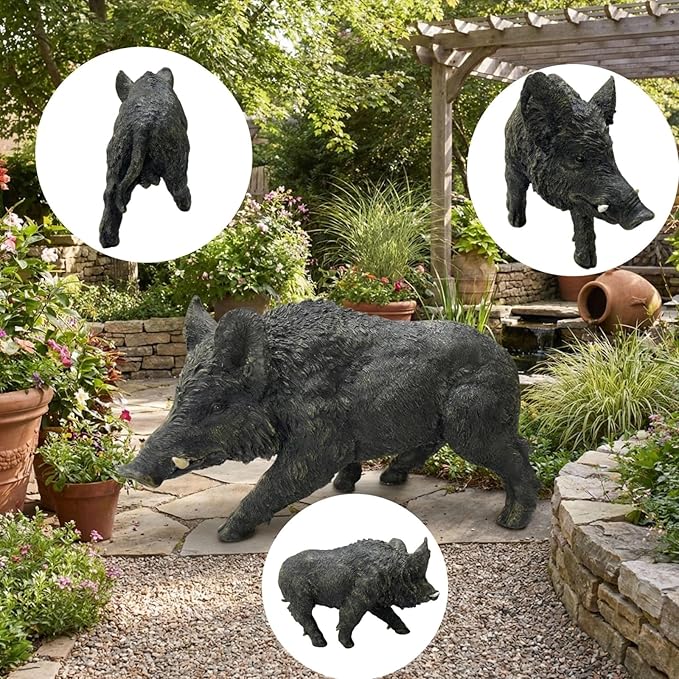 Large Wild Boar Garden Statue - 21.26" L x 12.2" H Faux Boar Sculpture, Realistic Resin Wildlife Figurine Ornament for Outdoor Decor, Yard Art Craft for Patio Lawn Porch