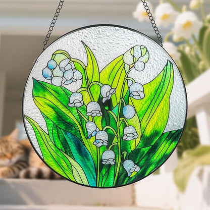 Suncatcher Stained Glass Window Hanging - Flowers Glass Panel with Metal Chain and Hooks Handmade Sun Catcher Decoration for Window Garden Home Christmas & Birthday Gifts (7.8 Inch)