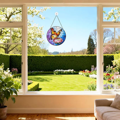 Stained Glass Window Hanging, Emperor Butterfly Circular Painted Glass Suncatcher with Chain & Suction Cup for Home Garden Door Decor, Birthday for Women Men Mom 7.8 in