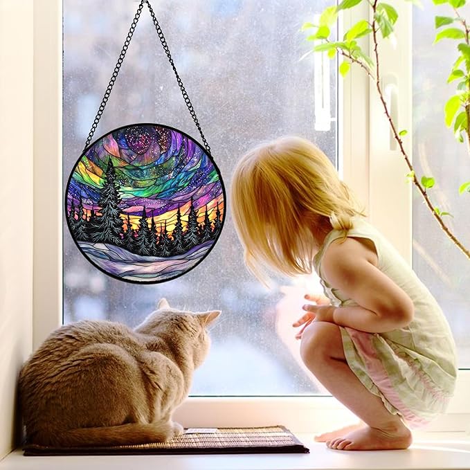 DASTOLL Stained Glass Window Hanging, Van Gogh Night Scene Sun Catchers Colorful Glass Panel Starry Sky Suncatcher Decor for Birthday for Women, Men, Wife, Aunt, and Mom 9.8 in