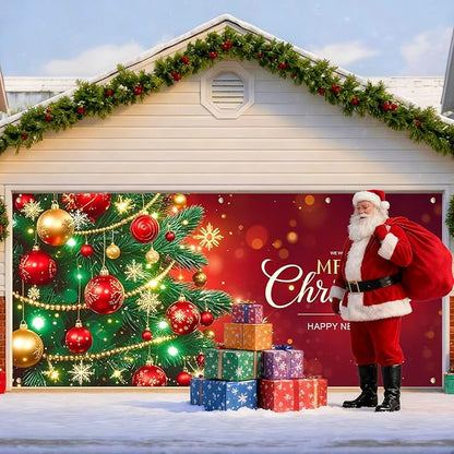 IVN Christmas Garage Door Cover Decoration 13x6ft Decorated Green Tree with Ornaments Red Holiday Merry Christmas Garage Door Banner Home Garage Door Front Yard Decor for Xmas Eve Holiday Outdoor
