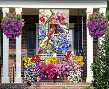 Spring Cardinal Bird House Flag 28x40 Inch Double Sided for Outside, Colorful Floral Large Burlap Yard Flag for Farmhouse Holiday Outside Outdoor Decorations