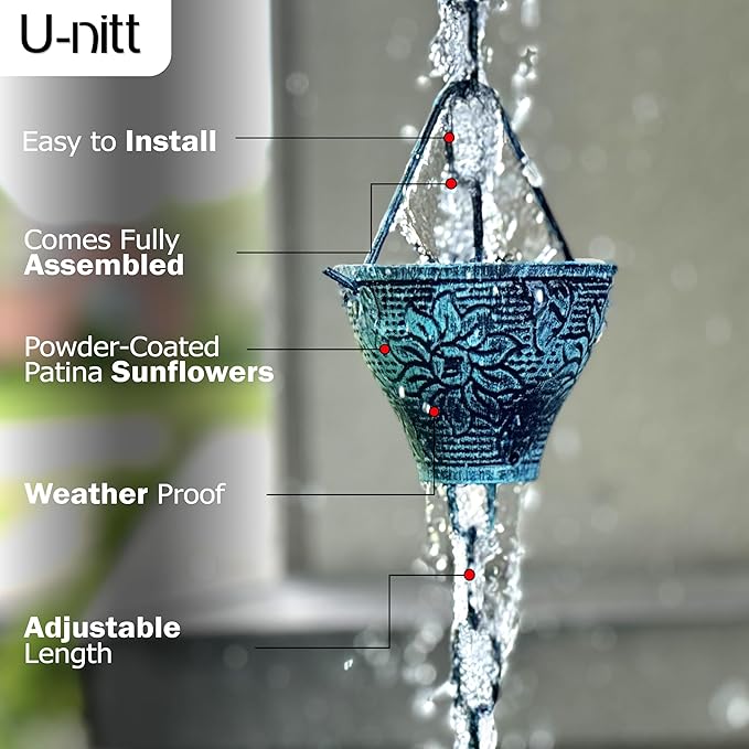 U-nitt Rain Chain Water Collection for Gutters Rainwater Catcher & Diverter, 8.5 FT Chains for Outside Garden, Sunflower Cups, Roof Downspout, Works with Heavy Rain, w/ Gutter Clip for Rainchains