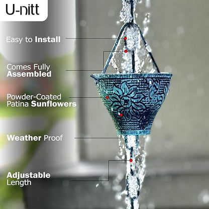 U-nitt Rain Chain Water Collection for Gutters Rainwater Catcher & Diverter, 8.5 FT Chains for Outside Garden, Sunflower Cups, Roof Downspout, Works with Heavy Rain, w/ Gutter Clip for Rainchains