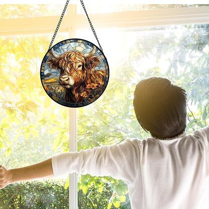 DASTOLL Stained Glass Window Hanging - Funny Cow Flower Suncatcher Ready to Hang Window Doors Home Decoration and Christmas, Mother's Day Birthday Gifts for Women, Men, and Mom 6.3x6.3 in
