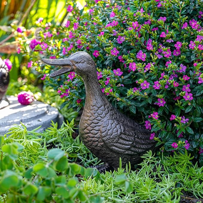 Sungmor Vintage Cast Iron Duck Garden Statue - 6.7" Tall Heavy Duty Outdoor Duckling Figurine, Rustic Animal Sculpture for Lawn, Patio, Yard - Antique Brown Finish, Farmhouse Home Decoration