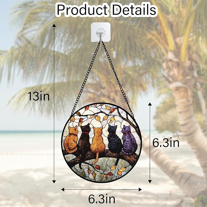 DASTOLL Stained Glass Window Hanging - 5 Cats on a Branch Suncatcher for Window Doors Home Decoration and Christmas, Mother's Day Father's Day Birthday Gifts for Women, Men, and Mom 6.3x6.3 in