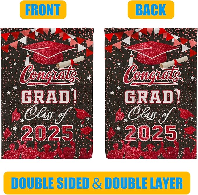 Graduation Garden Flag Class of 2025, Red Congrats Grade Flag for Outside Party Hanging Decorations 12x18 Inch Burlap