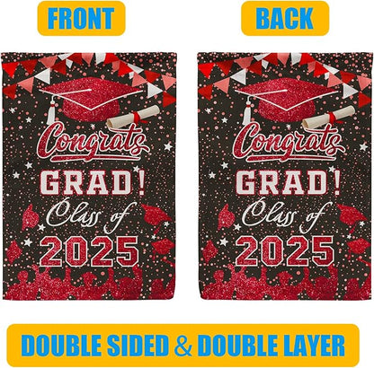 Graduation Garden Flag Class of 2025, Red Congrats Grade Flag for Outside Party Hanging Decorations 12x18 Inch Burlap