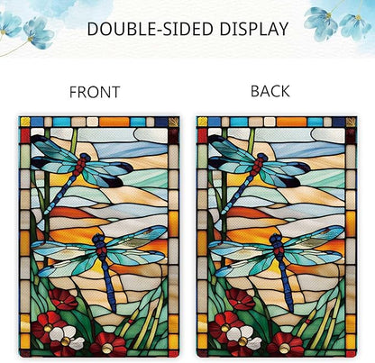 Spring Summer Dragonfly Garden Flag Glass Style Flowers Garden Flag Vertical Double Sided Rustic Farmland Burlap Yard Lawn Outdoor Decor 28x40"