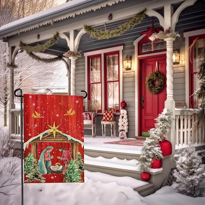 Xmas Poinsettia Garden Flag Holy Night Nativity Double Side Yard Flags Religious Christma Jesus Nativity Scene Decor House Banner for Winter Happy Holiday Outdoor Yard Decor 12 x 18 Inch