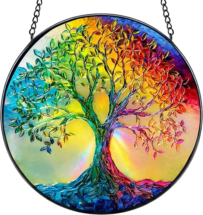 7.8 in Stained Glass Window Hanging, Rainbow Tree of Life Suncatcher for Home Decor, Handmade Decorative Ornament Boho Wall Art Ideal Gift for Mom Grandma Housewarming