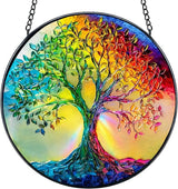 7.8 in Stained Glass Window Hanging, Rainbow Tree of Life Suncatcher for Home Decor, Handmade Decorative Ornament Boho Wall Art Ideal Gift for Mom Grandma Housewarming