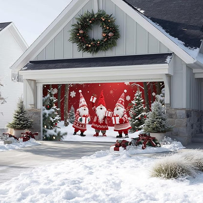 IVN Christmas Garage Door Cover Decoration 13x6ft Three Santas Gnome Red Gift Tree Snowy Trees Merry Christmas Garage Door Banner Home Door Front Yard Decor for Xmas Eve Holiday Outdoor