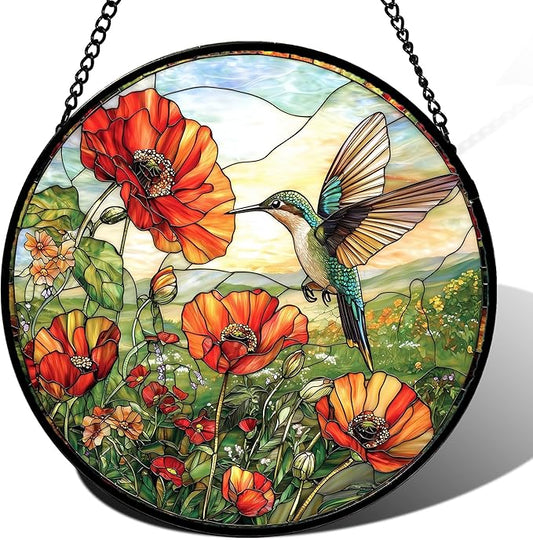 DASTOLL Stained Glass Window Hanging, Hummingbirds Orange Flowers Suncatcher Diamond Glass Panel Hangings Sun Catchers Decor for Birthday for Women, Men, Wife, Aunt, and Mom 14.9 in