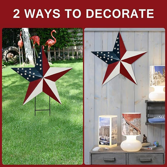 Metal Barn Star Yard Sign Patriotic Garden Stakes Hanging Ornament with Stake Outdoor 4th of July Lawn Decoration Party Supplies USA Flag Decor for Independence Day Memorial Day (H)