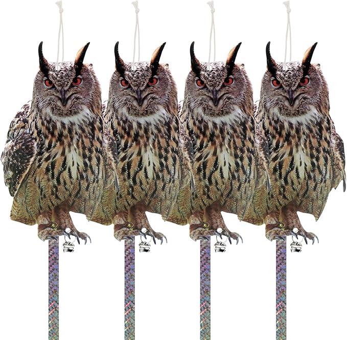 4PCS Fake Owl, Garden Owl, Plastic Owls, Reflective Hanging Decoration, Effective Control Device with Reflective Tape for Garden Patio Windows Tree