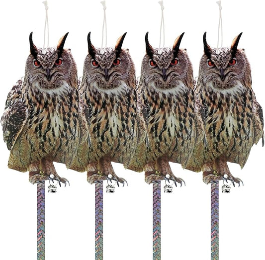 4PCS Fake Owl, Garden Owl, Plastic Owls, Reflective Hanging Decoration, Effective Control Device with Reflective Tape for Garden Patio Windows Tree