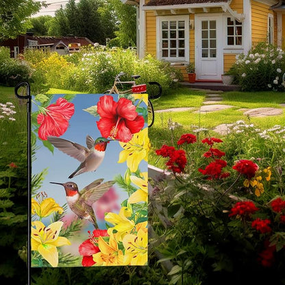 Hummingbird Garden Flags Red Flower Hibiscus and Yellow Lilies Yard Flag Wedding Anniversary Polyester Floral House Banners Double Sided for Spring Summer Party Outdoor Decor 12 x 18 Inch