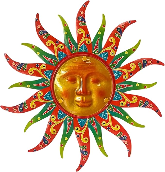 Metal Sun Wall Decor, 16 Inches, Colorful Sun Face Art Hanging for Indoor Outdoor Garden Farmhouse Yard Patio Fence Living Room Bedroom