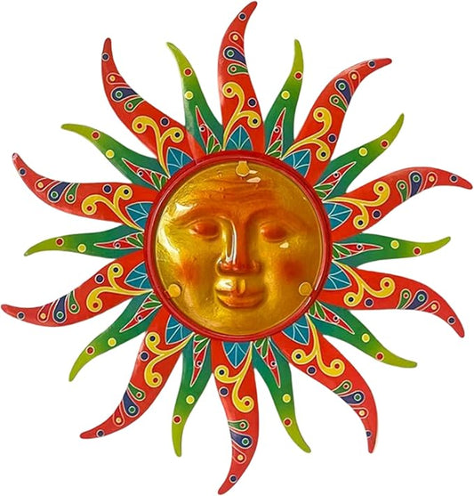 Metal Sun Wall Decor, 16 Inches, Colorful Sun Face Art Hanging for Indoor Outdoor Garden Farmhouse Yard Patio Fence Living Room Bedroom