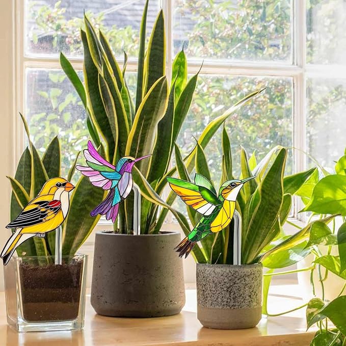 Bird Butterfly Flower Plant Pot Stake Decoration, 4.7 Inch 2D Colorful Acrylic Bird Butterfly Garden Ground Insert Decor, Outdoor Yard Lawn Pathway Patio Art Ornaments, Gifts for Mom (D)