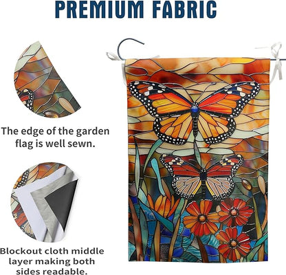 Monarch Butterfly Garden Flags for Outside Fall Flag Stained Glass Floral Yard Flag Spring Summer Decorative Flags 12x18 Double Sided Small Seasonal Lawn Flags Rustic Outdoor Decor