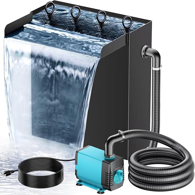 POPOSOAP Pond Waterfall Spillway with 660GPH Pump Kit, 304 Stainless Steel Waterfall with Filtration &9.8FT Corrugated Tubing Outdoor Fountain Kit for Garden, Koi Pond, Backyard,13.4" H x 12"W-P43H