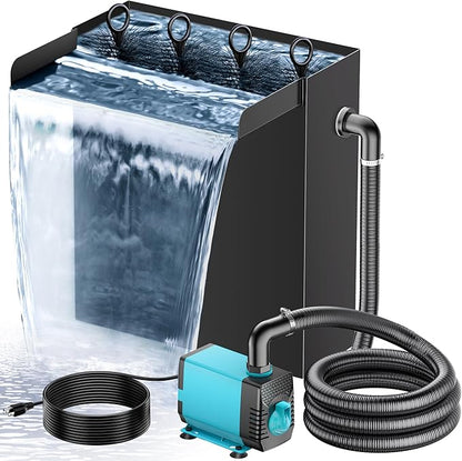 POPOSOAP Pond Waterfall Spillway with 660GPH Pump Kit, 304 Stainless Steel Waterfall with Filtration &9.8FT Corrugated Tubing Outdoor Fountain Kit for Garden, Koi Pond, Backyard,13.4" H x 12"W-P43H