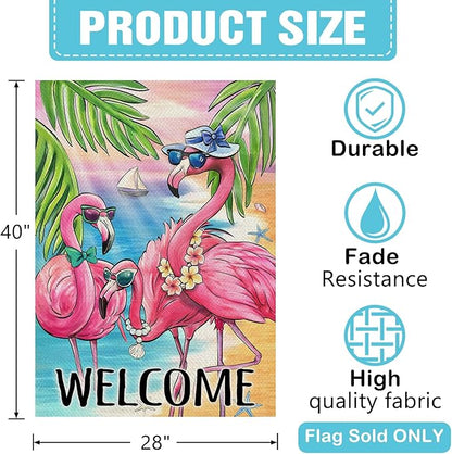 Dyrenson Welcome Summer Flamingo 28 x 40 House Flag Double Sided, Beach Coastal Tropical Palm Leaves Garden Yard Decoration, Hawaii Nautical Seasonal Burlap Outdoor Décor Decorative Large Flag