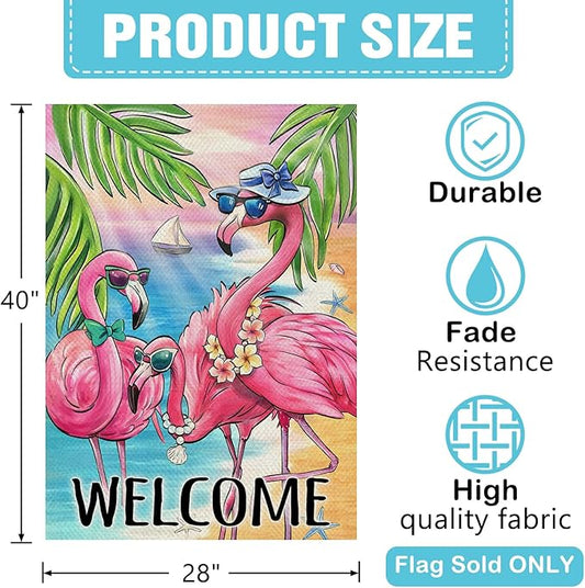 Dyrenson Welcome Summer Flamingo 28 x 40 House Flag Double Sided, Beach Coastal Tropical Palm Leaves Garden Yard Decoration, Hawaii Nautical Seasonal Burlap Outdoor Décor Decorative Large Flag