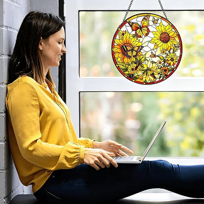 Stained Glass Sun Catcher,Sun FlowersStained Glass Window Hanging Garden Decor,Sun Catchers Indoor Window,Whimsical Decoration for Home Backyard Patio Lawn Porch with 7.9 INCH