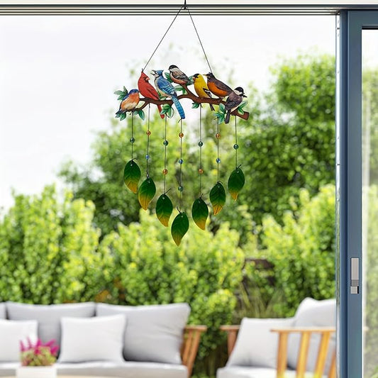Red Cardinal Wind Chimes Outdoor - Colorful Metal & Glass Leaves Hanging Decor for Garden, Yard, Porch