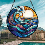 DASTOLL Stained Glass Window Hanging, Big Wave Sun Suncatcher Diamond Glass Panel Hangings Abstract Sun Catchers Decor for Birthday for Women, Men, Wife, Aunt, and Mom 14.9x14.9 in