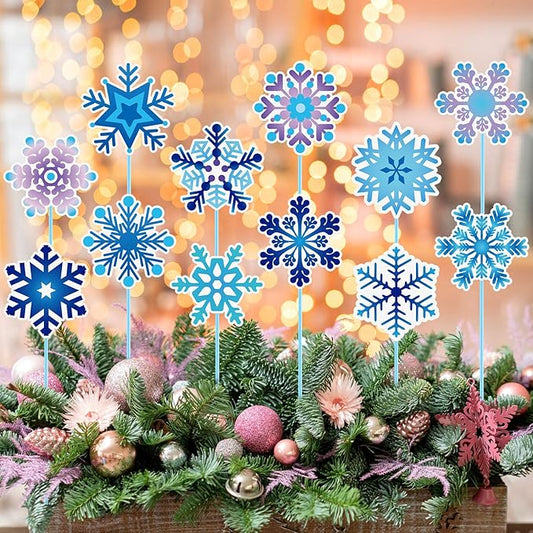 Zonon 12pcs Winter Garden Decorations Winter Snowflake Metal Planter Stakes for Patio Lawn Planter Pot Xmas Nutcracker Gingerbread Yard Stake Signs Outdoor Lawn Decor Party Favor(Snowflake)