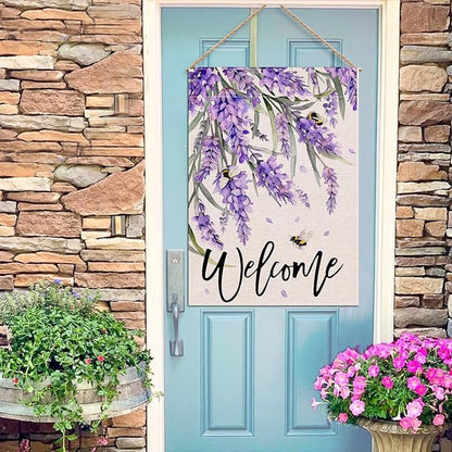 Welcome Spring Lavender Decorative House Flag, Purple Floral Flowers Bee Garden Yard Outside Decorations, Summer Farmhouse Outdoor Large Home Decor Double Sided 28 x 40