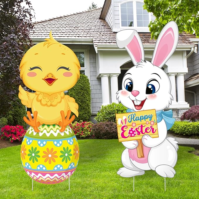 Capoda 2 Pack Easter Decorations Outdoor Yard Signs Bunnies 32.2 x 12.9 Inch Easter Eggs Yard Stake with H Stands for Holiday Party Spring Patio Lawn Garden Decor(Chick, Rabbit Style)