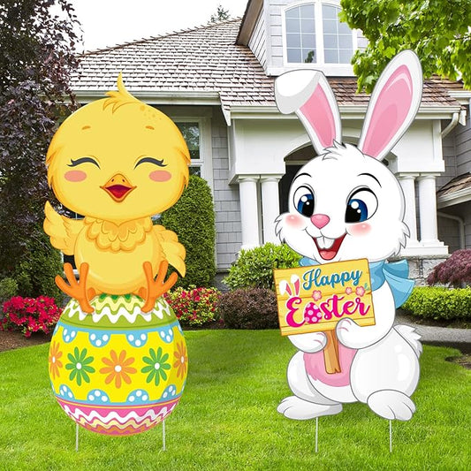 Capoda 2 Pack Easter Decorations Outdoor Yard Signs Bunnies 32.2 x 12.9 Inch Easter Eggs Yard Stake with H Stands for Holiday Party Spring Patio Lawn Garden Decor(Chick, Rabbit Style)