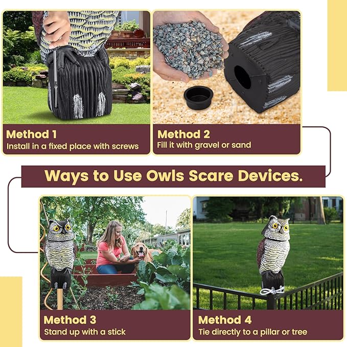 Fake Owl Decoys to Scare Birds Away, Waterproof 360° Rotating Head Hawks & Squirrel Deterrent, Garden Owl Decoy for Outdoor Yard Patio Pools