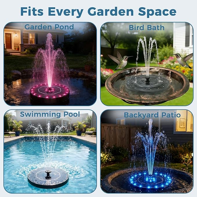 Solar Fountain for Bird Bath with Colorful LED Lights, Floating Solar Fountain, 3W Solar Powered Water Fountain Pump with Strong Spray & 5 Nozzles for Garden, Pond, Pool, 26 LED Lights