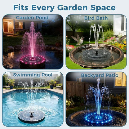 Solar Fountain for Bird Bath with Colorful LED Lights, Floating Solar Fountain, 3W Solar Powered Water Fountain Pump with Strong Spray & 5 Nozzles for Garden, Pond, Pool, 26 LED Lights