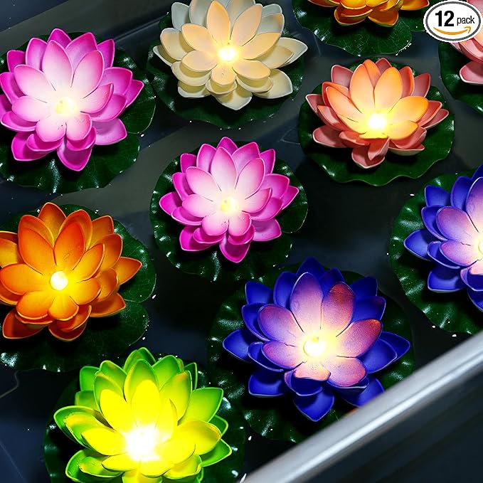 Waterproof Floating Lotus Light, 12PCS 5’’+ 6’’ Floating Lily Light Water Activated Artificial Flowers Battery Operated for Wedding Pool Anniversary Garden Decor(Mix-Color)