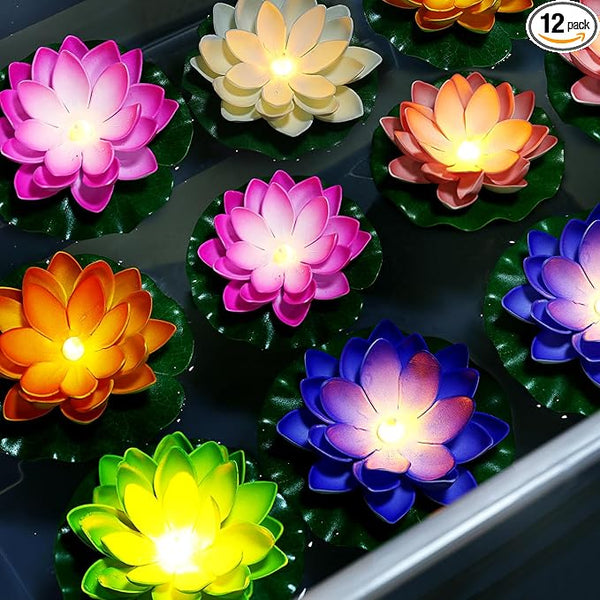 Waterproof Floating Lotus Light, 12PCS 5’’+ 6’’ Floating Lily Light Water Activated Artificial Flowers Battery Operated for Wedding Pool Anniversary Garden Decor(Mix-Color)