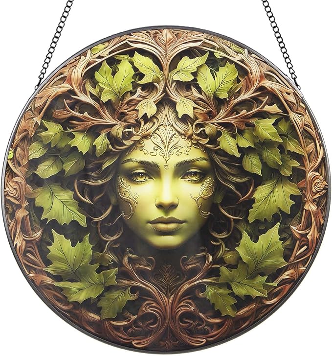 Christmas Green Women Stained Glass Suncatcher, 10" Tree Man Window Decor Hanging Stained Glass Sun Catcher Garden Room Hanging Tree Faces Decoration Indoor Outdoor Garden Decor Gift for Women