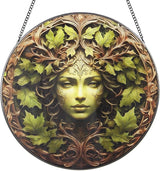 Christmas Green Women Stained Glass Suncatcher, 10" Tree Man Window Decor Hanging Stained Glass Sun Catcher Garden Room Hanging Tree Faces Decoration Indoor Outdoor Garden Decor Gift for Women