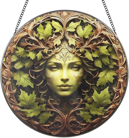 Christmas Green Women Stained Glass Suncatcher, 10" Tree Man Window Decor Hanging Stained Glass Sun Catcher Garden Room Hanging Tree Faces Decoration Indoor Outdoor Garden Decor Gift for Women